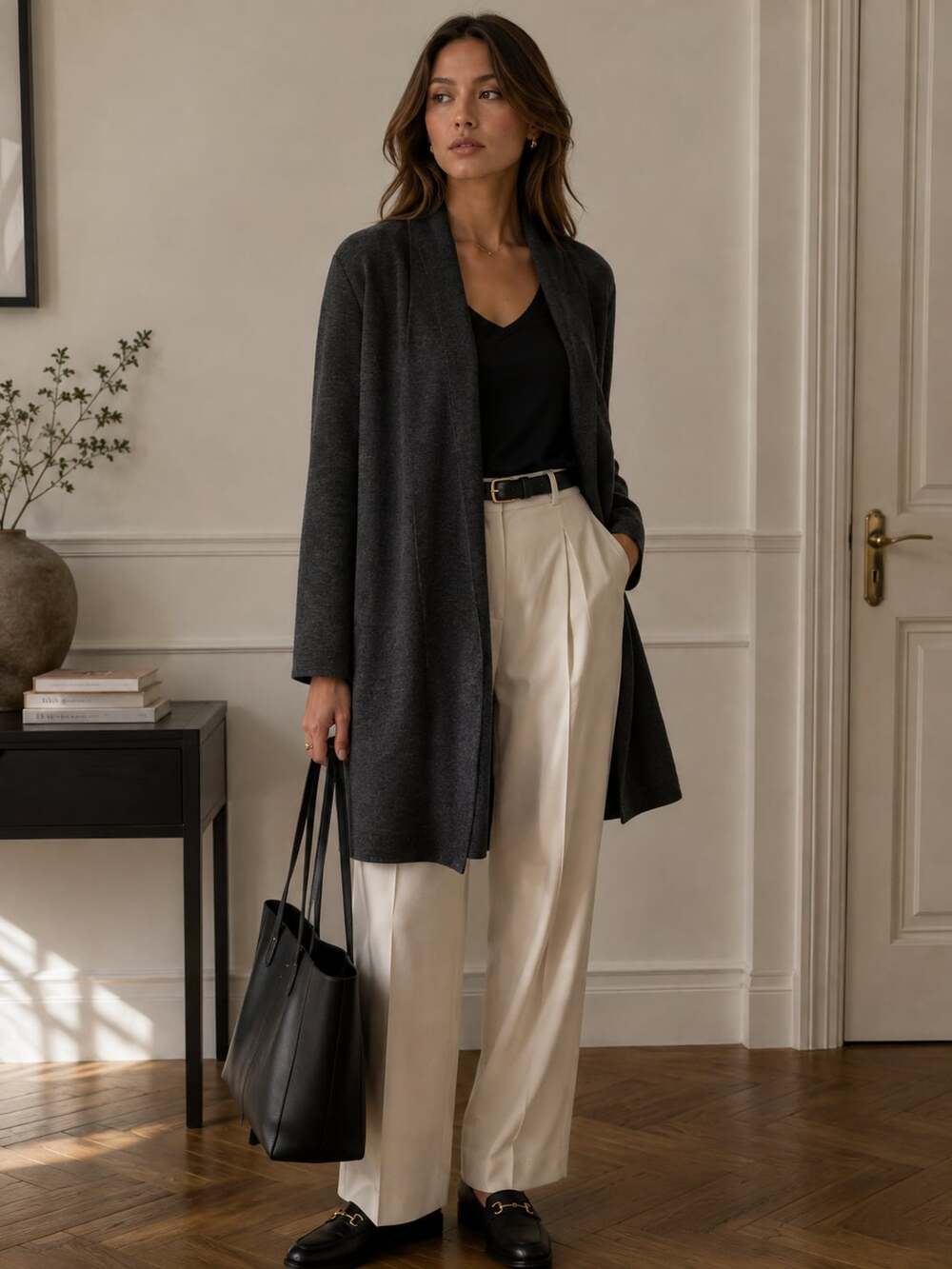 MM.LaFleur Charcoal Gray 100% Merino Wool Long Open Cardigan Sweater M
